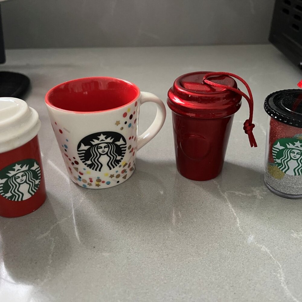 Set of 3 Starbucks Ornaments & one 3 oz Starbucks mug
